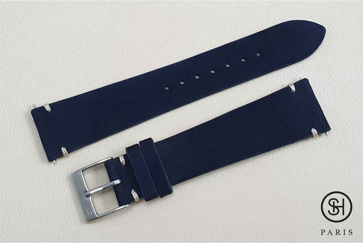 Navy Blue minimal stitching Suede SELECT-HEURE leather watch strap with quick release spring bars (interchangeable)