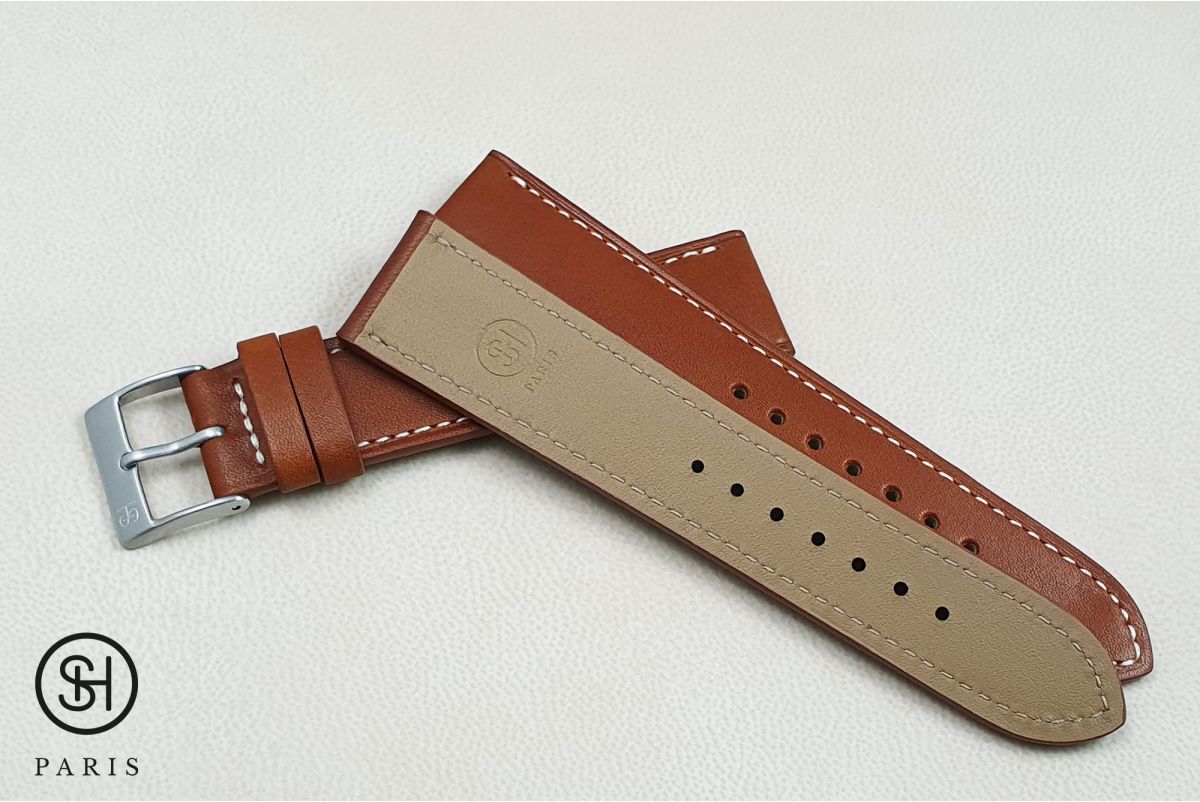 Gold Calfskin SELECT-HEURE watch strap, classic model off-white stitching, French baranil leather