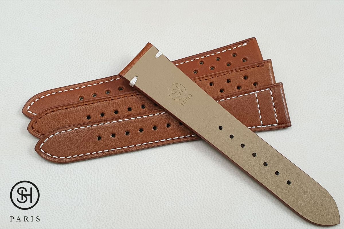 Gold Calfskin SELECT-HEURE watch strap, Rallye model off-white stitching, French baranil leather