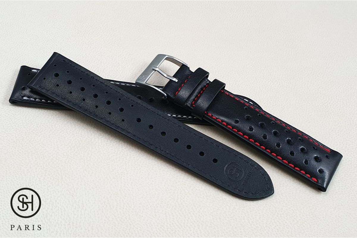 Black Sports Rallye SELECT-HEURE watch strap, white stitching, French luxurious calfskin leather