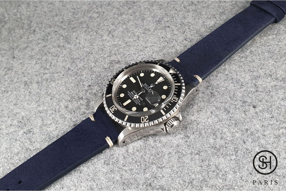 Bracelet montre cuir Suede SELECT-HEURE Bleu Marine coutures minimales avec pompes rapides (interchangeable)