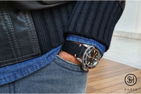 Black Old School SELECT-HEURE leather watch strap with quick release spring bars (interchangeable)