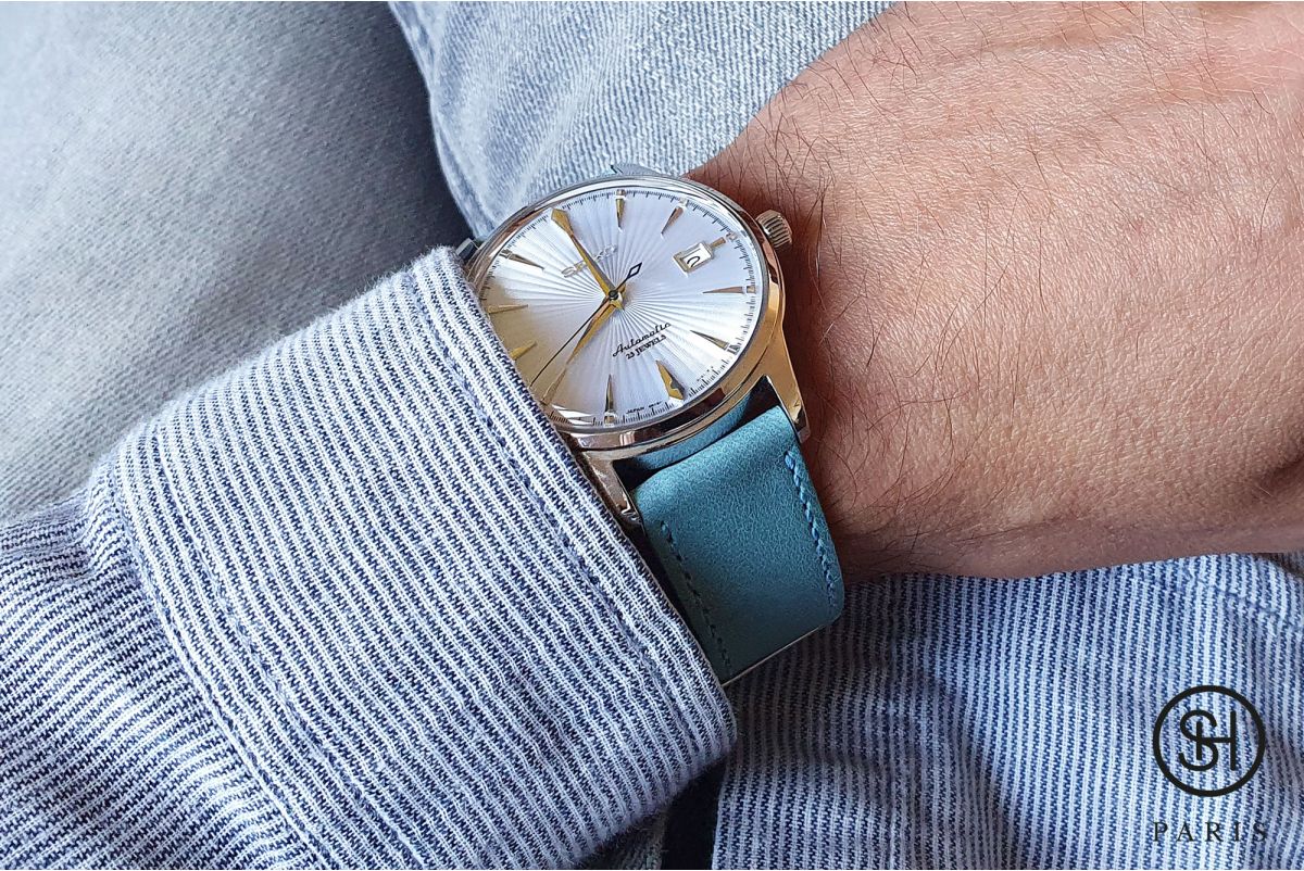 Bracelet montre Essentiel SELECT-HEURE en cuir italien Bleu Pastel