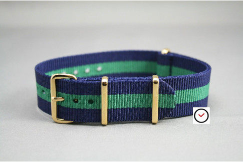 Navy Blue Green G10 NATO strap, gold buckle and loops