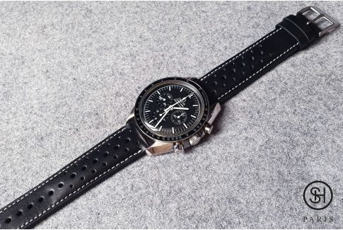 Black Sports Rally SELECT-HEURE watch strap, White stitching, French luxurious calfskin leather