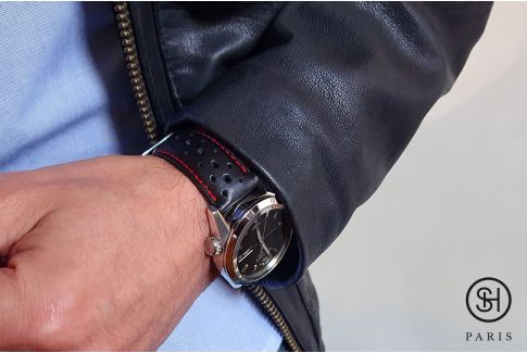 Black Sports Rally SELECT-HEURE watch strap, Red stitching, French luxurious calfskin leather