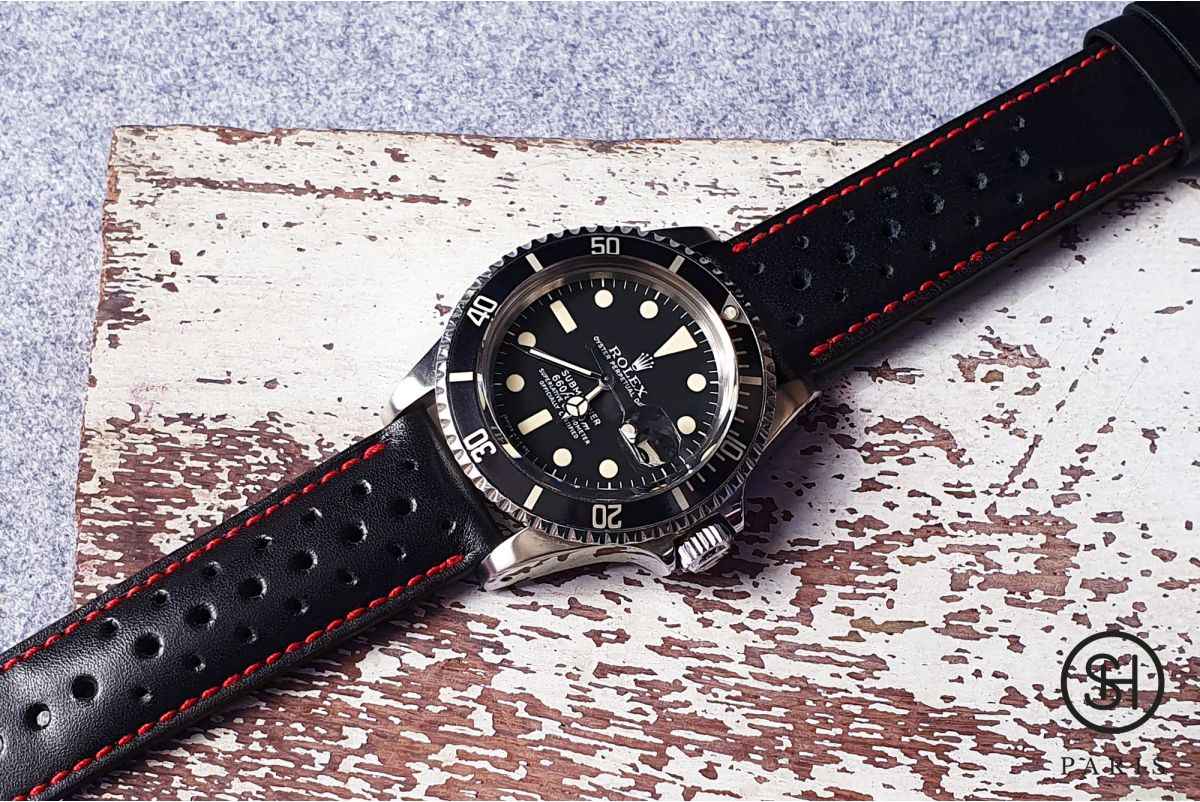 Black Sports Rally SELECT-HEURE watch strap, Red stitching, French luxurious calfskin leather