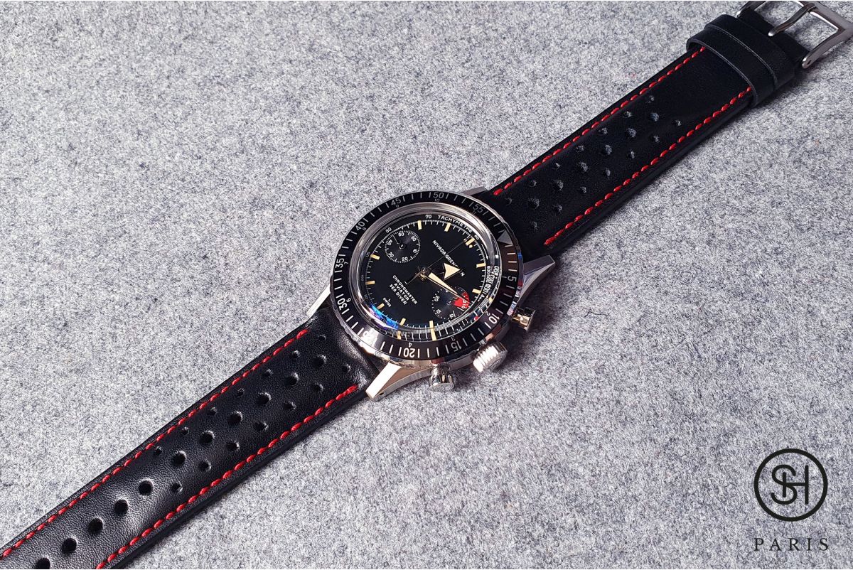 Black Sports Rally SELECT-HEURE watch strap, Red stitching, French luxurious calfskin leather