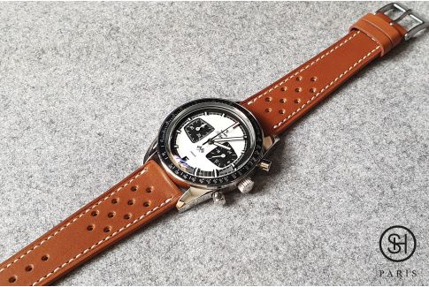 Gold Calfskin SELECT-HEURE watch strap, Rallye model off-white stitching, French baranil leather