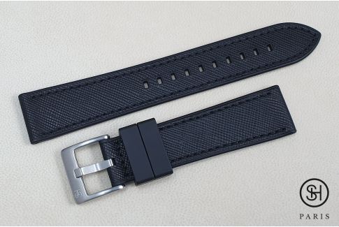 SELECT-HEURE Black Saffiano leather watch strap lined with Black FKM rubber, quick release pring bars (interchangeable)