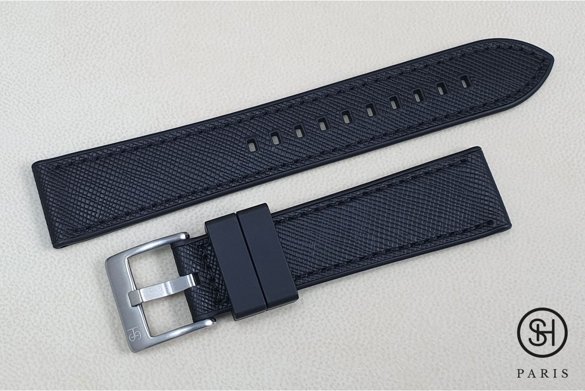 SELECT-HEURE Black Saffiano leather watch strap lined with Black FKM rubber, quick release pring bars (interchangeable)