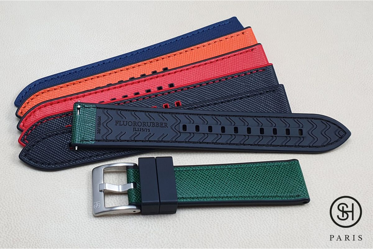 SELECT-HEURE Black Saffiano leather watch strap lined with Black FKM rubber, quick release pring bars (interchangeable)