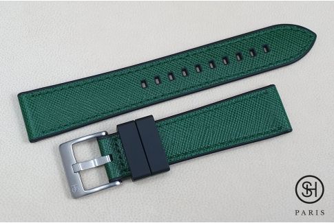 Bracelet montre SELECT-HEURE Cuir Saffiano Vert doublé Caoutchouc FKM Noir, montage pompes rapides (interchangeable)