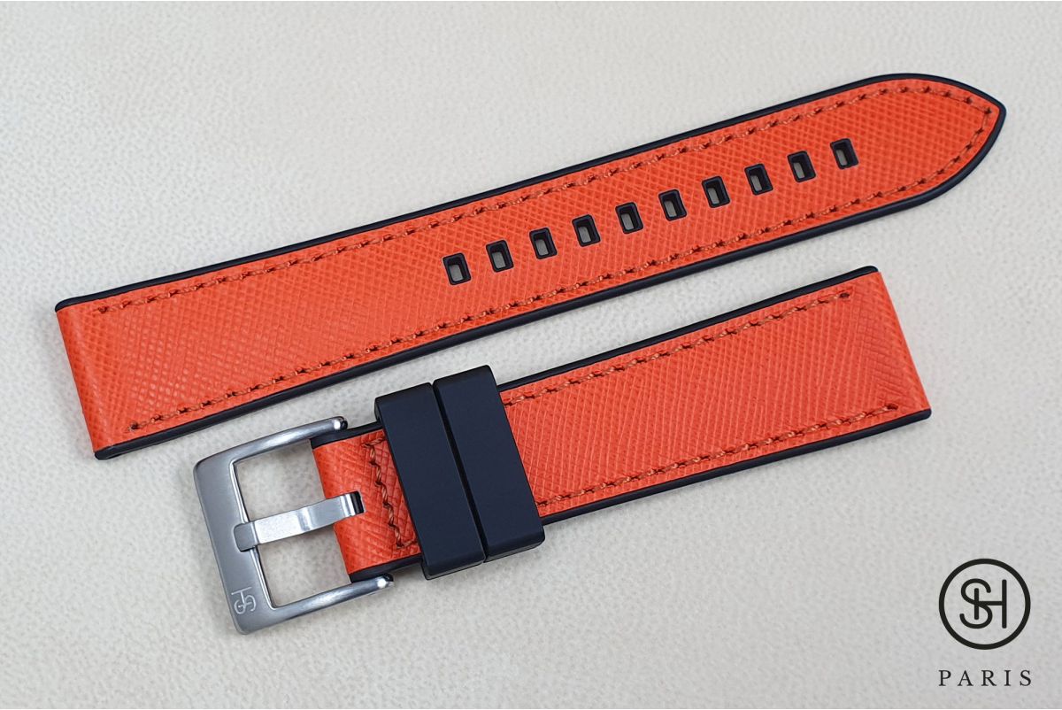 SELECT-HEURE Orange Saffiano leather watch strap lined with Black FKM rubber, quick release pring bars (interchangeable)