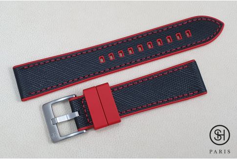 Bracelet montre SELECT-HEURE Cuir Saffiano Noir doublé Caoutchouc FKM Rouge, montage pompes rapides (interchangeable)