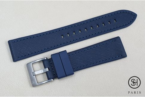 Bracelet montre SELECT-HEURE Cuir Saffiano Bleu doublé Caoutchouc FKM Bleu, montage pompes rapides (interchangeable)