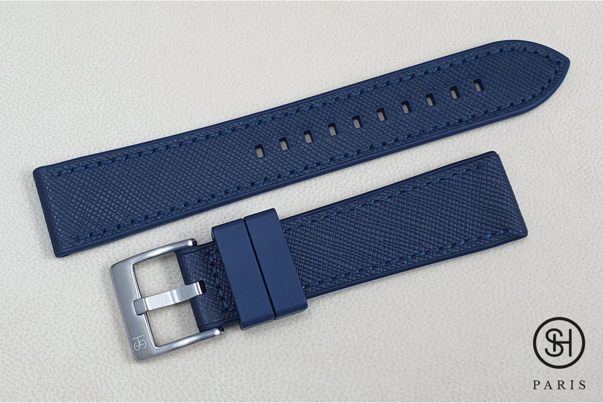 SELECT-HEURE Blue Saffiano leather watch strap lined with Blue FKM rubber, quick release pring bars (interchangeable)