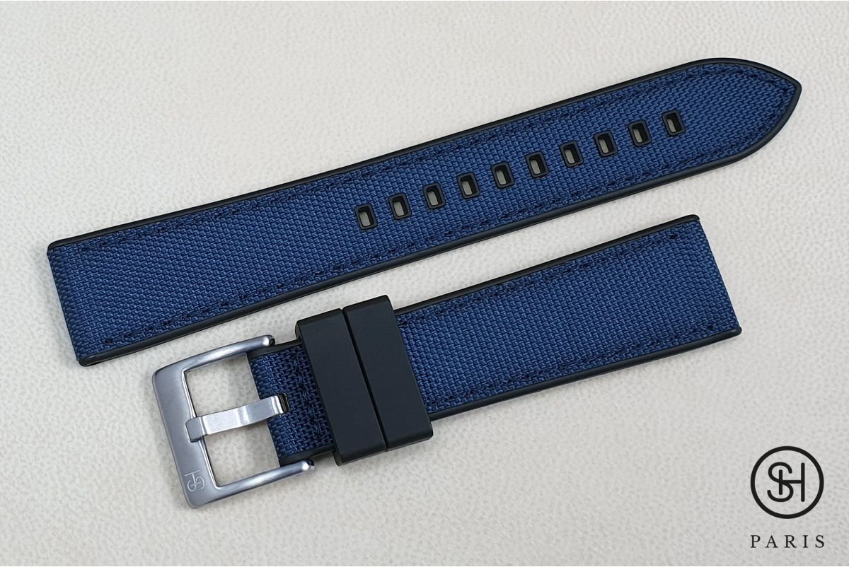 Bracelet montre SELECT-HEURE Toile de Voile Bleue doublée Caoutchouc FKM Noir, montage pompes rapides (interchangeable)