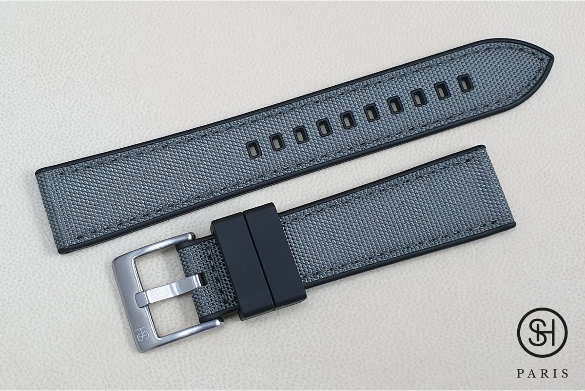 SELECT-HEURE Grey Sailcloth watch strap lined with Black FKM rubber, quick release pring bars (interchangeable)