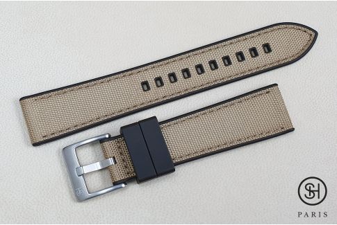 Bracelet montre SELECT-HEURE Toile de Voile Beige Bronze doublée Caoutchouc FKM Noir, montage pompes rapides (interchangeable)