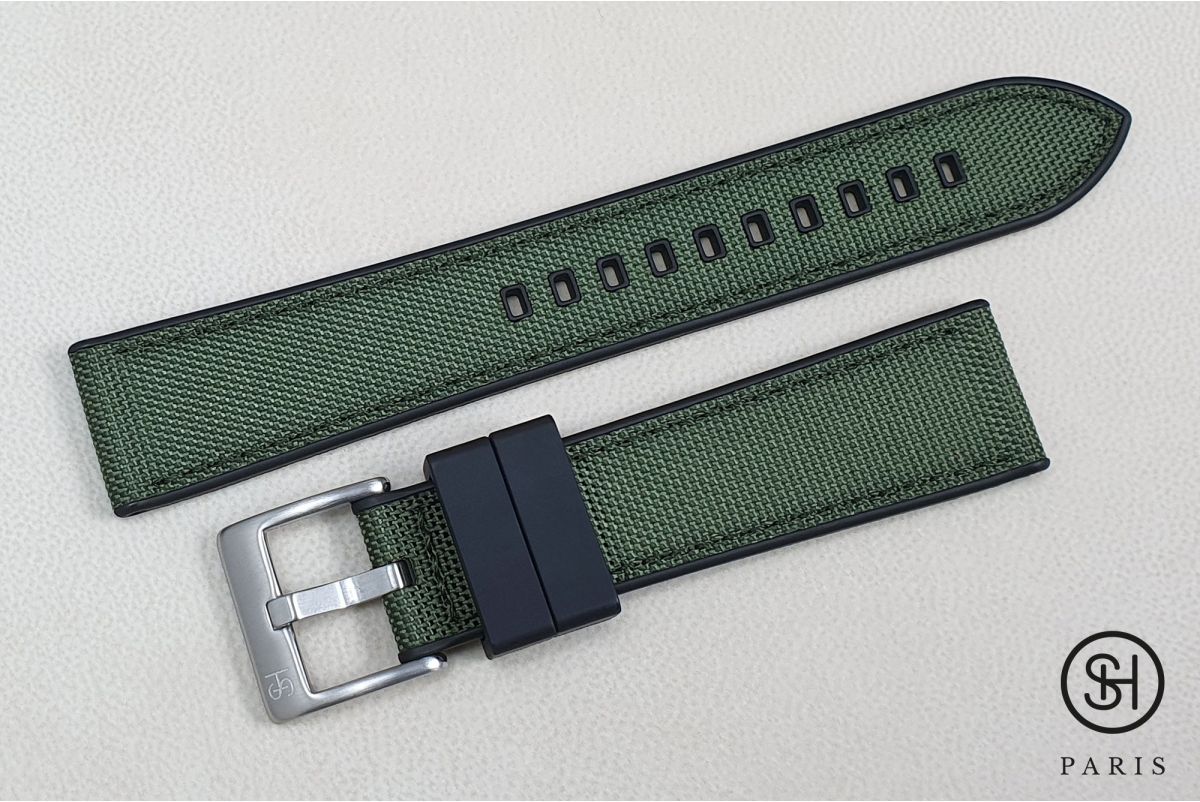 Bracelet montre SELECT-HEURE Toile de Voile Vert Militaire doublée Caoutchouc FKM Noir, montage pompes rapides (interchangeable)