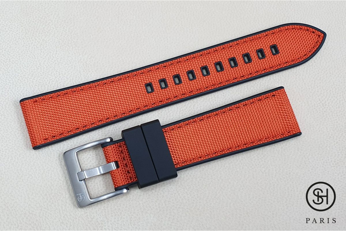 Bracelet montre SELECT-HEURE Toile de Voile Orange doublée Caoutchouc FKM Noir, montage pompes rapides (interchangeable)