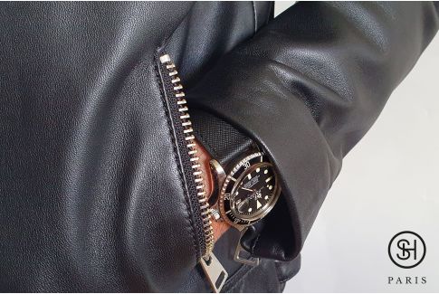 SELECT-HEURE Black Saffiano leather watch strap lined with Black FKM rubber, quick release pring bars (interchangeable)