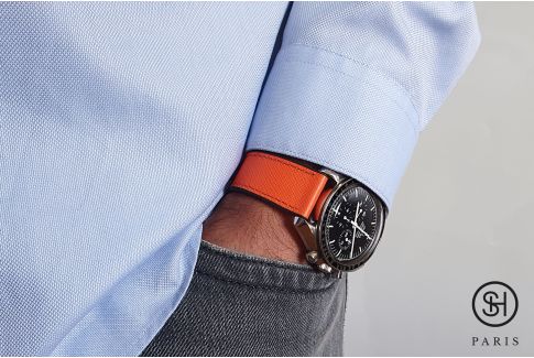 Bracelet montre SELECT-HEURE Cuir Saffiano Orange doublé Caoutchouc FKM Noir, montage pompes rapides (interchangeable)