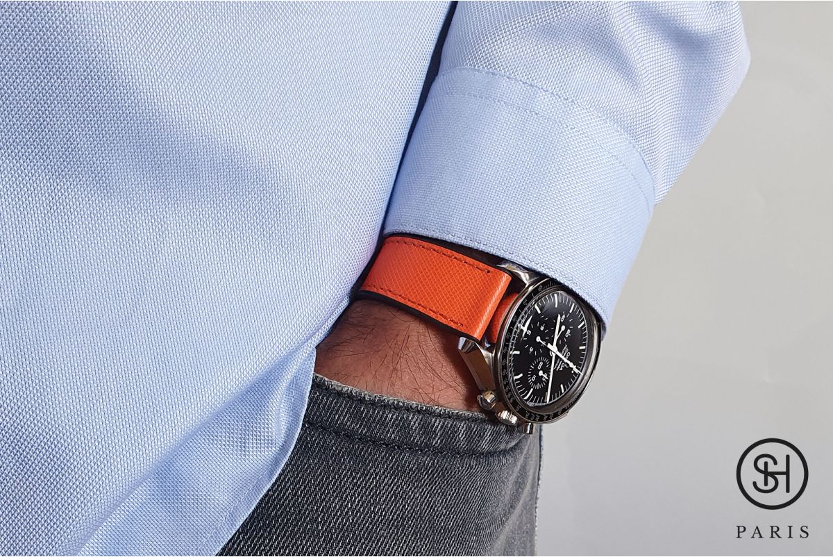 SELECT-HEURE Orange Saffiano leather watch strap lined with Black FKM rubber, quick release pring bars (interchangeable)