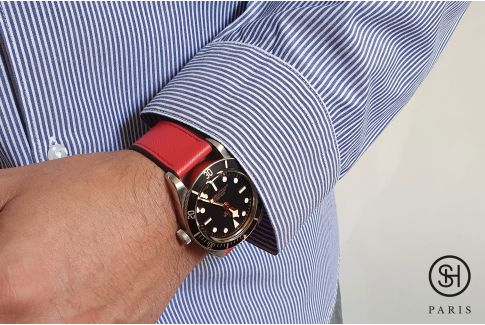 Bracelet montre SELECT-HEURE Cuir Saffiano Rouge doublé Caoutchouc FKM Noir, montage pompes rapides (interchangeable)