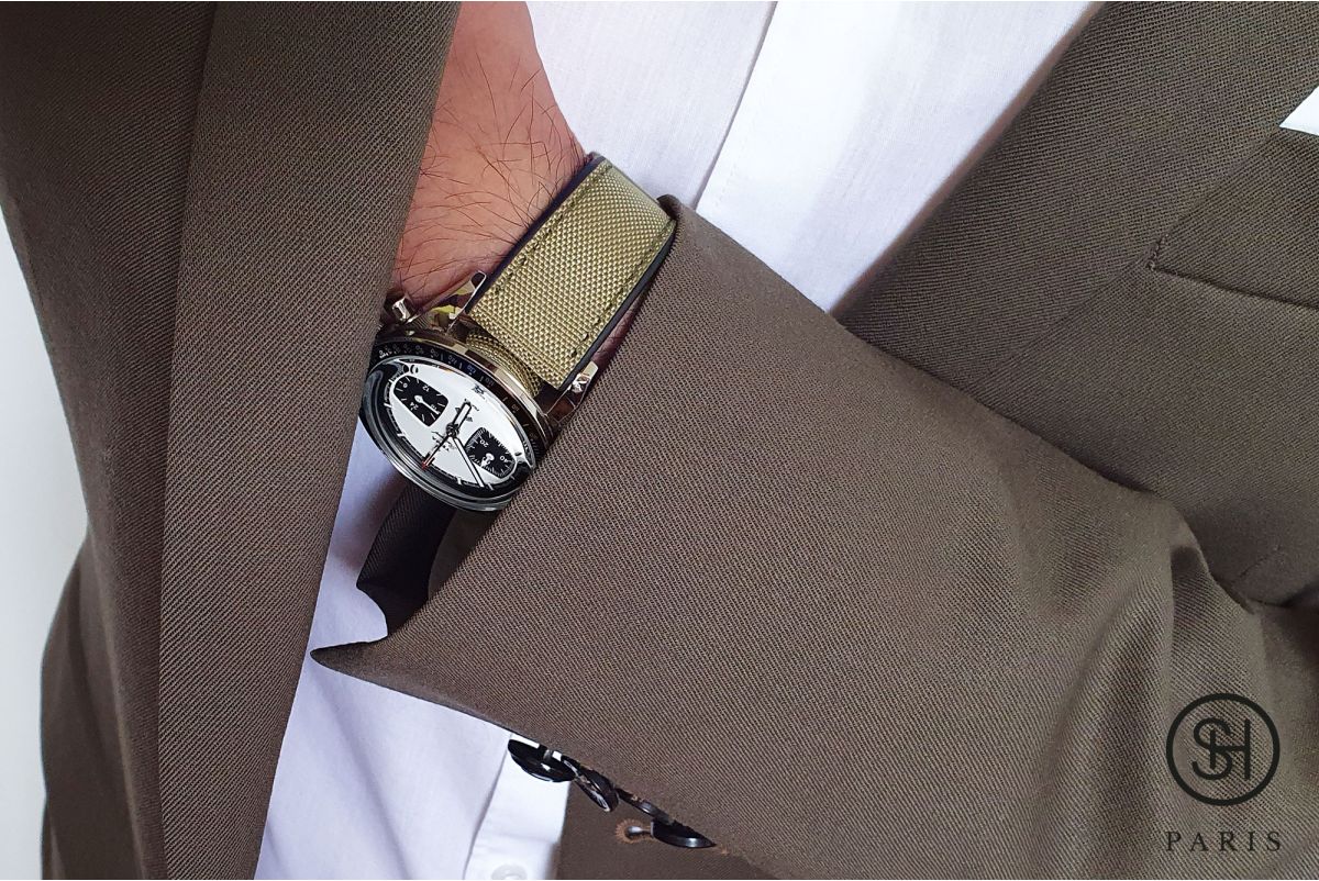 SELECT-HEURE Light Olive Sailcloth watch strap lined with Black FKM rubber, quick release pring bars (interchangeable)