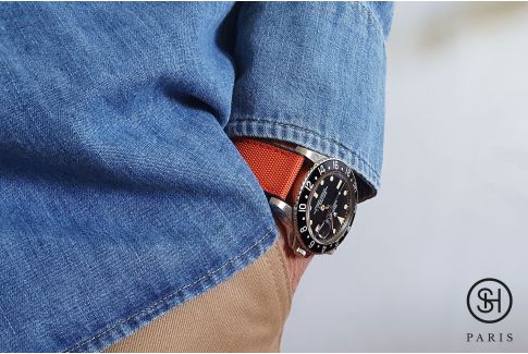 Bracelet montre SELECT-HEURE Toile de Voile Orange doublée Caoutchouc FKM Noir, montage pompes rapides (interchangeable)