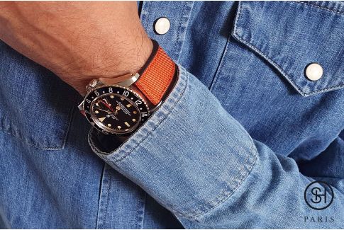 Bracelet montre SELECT-HEURE Toile de Voile Orange doublée Caoutchouc FKM Noir, montage pompes rapides (interchangeable)