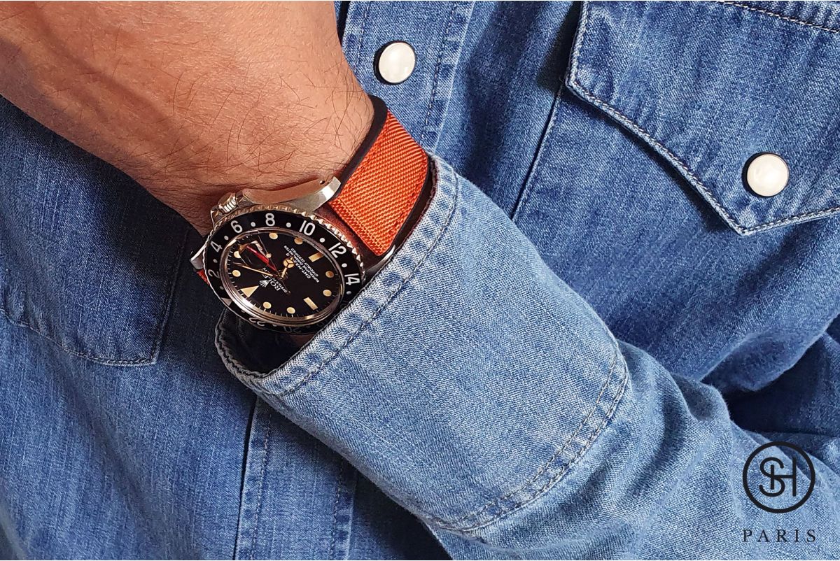 Bracelet montre SELECT-HEURE Toile de Voile Orange doublée Caoutchouc FKM Noir, montage pompes rapides (interchangeable)