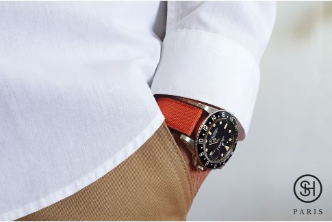 Bracelet montre SELECT-HEURE Toile de Voile Orange doublée Caoutchouc FKM Noir, montage pompes rapides (interchangeable)