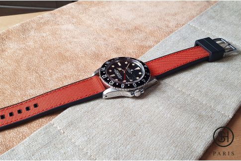 Bracelet montre SELECT-HEURE Toile de Voile Orange doublée Caoutchouc FKM Noir, montage pompes rapides (interchangeable)