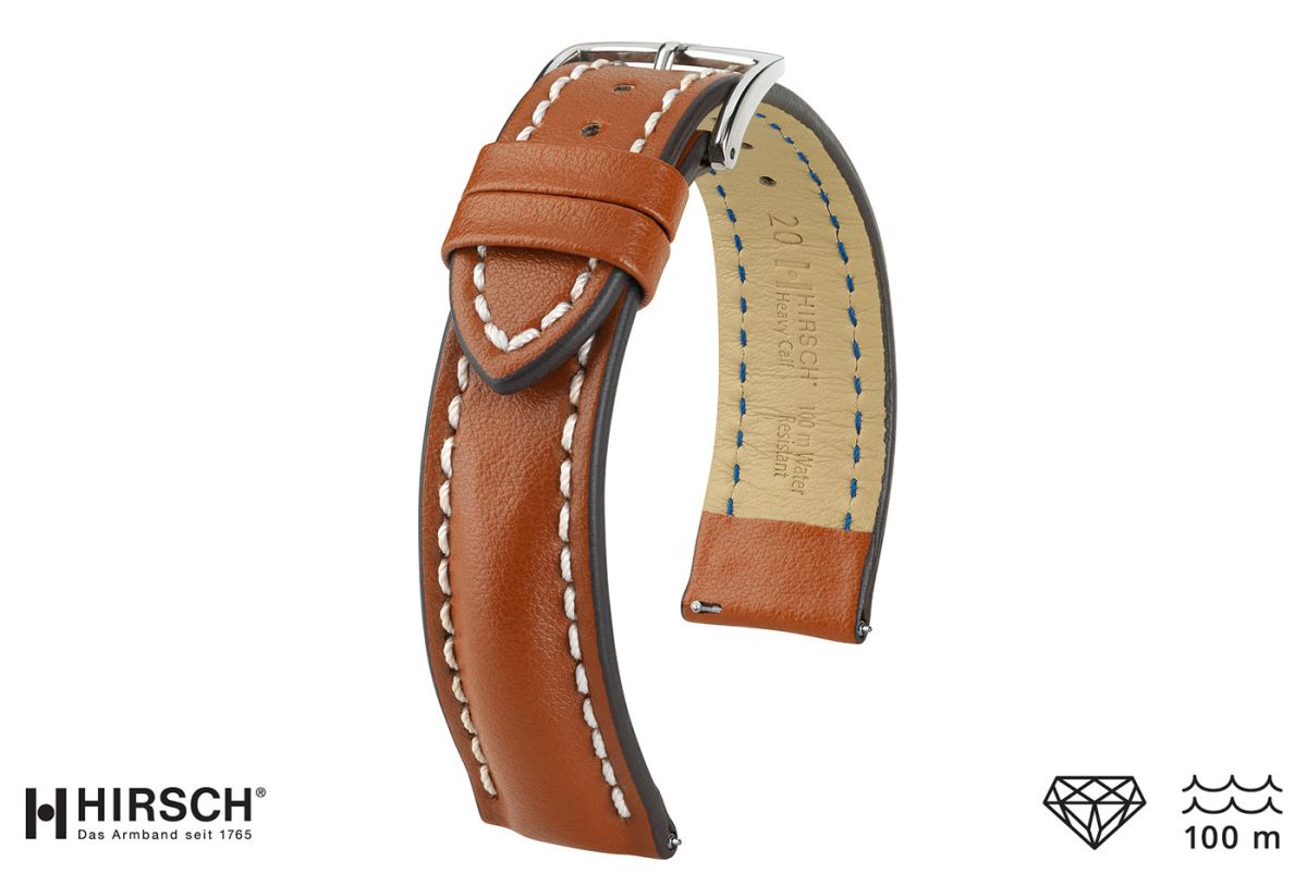 Bracelet montre HIRSCH Heavy Calf, cuir Marron Or surpiqué blanc (étanche)