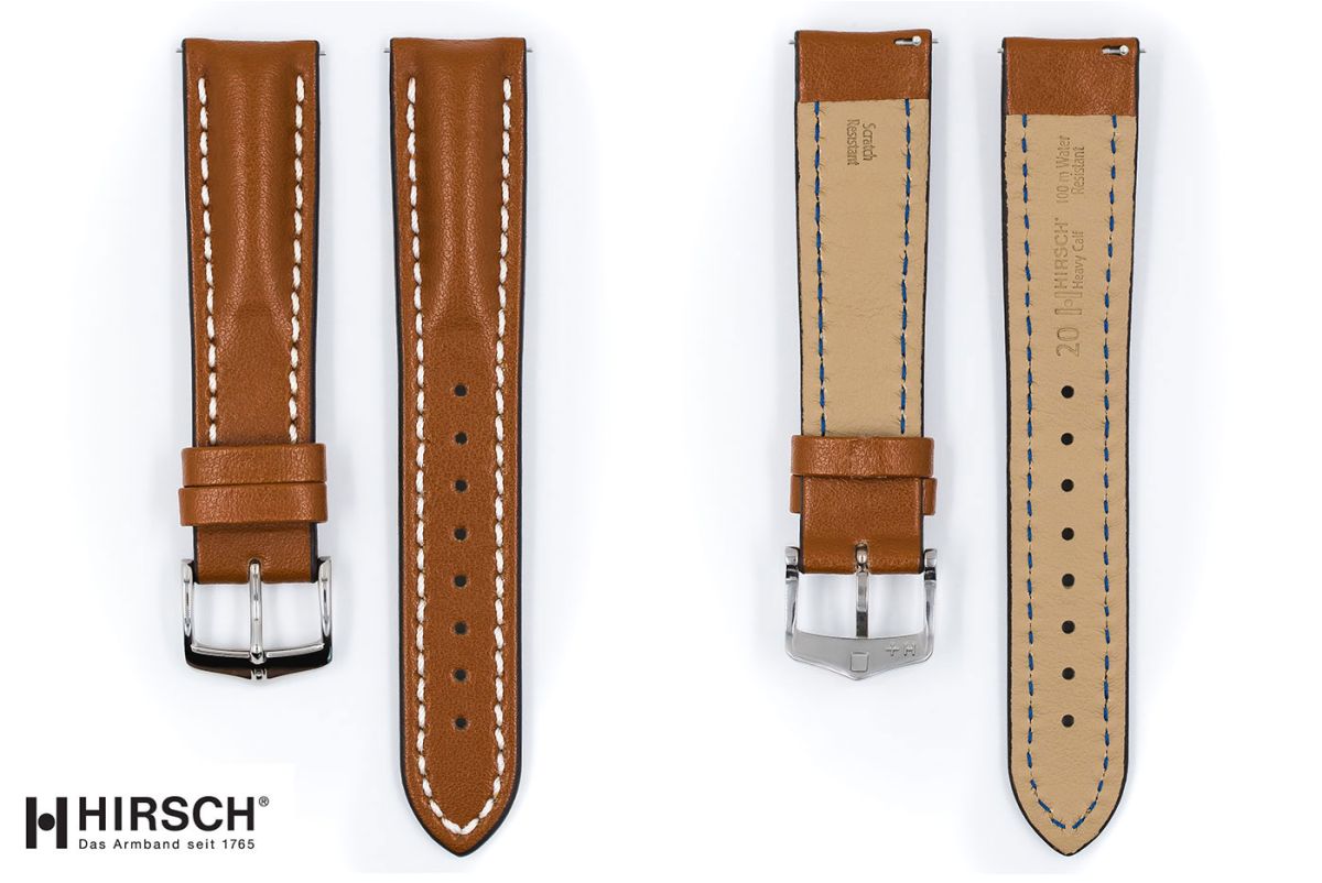 Bracelet montre HIRSCH Heavy Calf, cuir Marron Or surpiqué blanc (étanche)