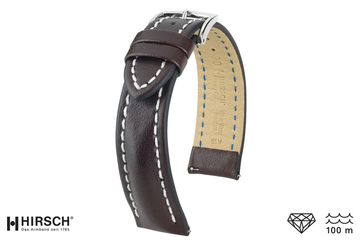 Bracelet montre HIRSCH Heavy Calf, cuir Marron surpiqué blanc (étanche)