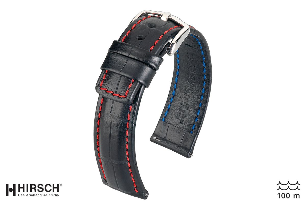 Bracelet montre HIRSCH Grand Duke, cuir Noir surpiqué Rouge (étanche)