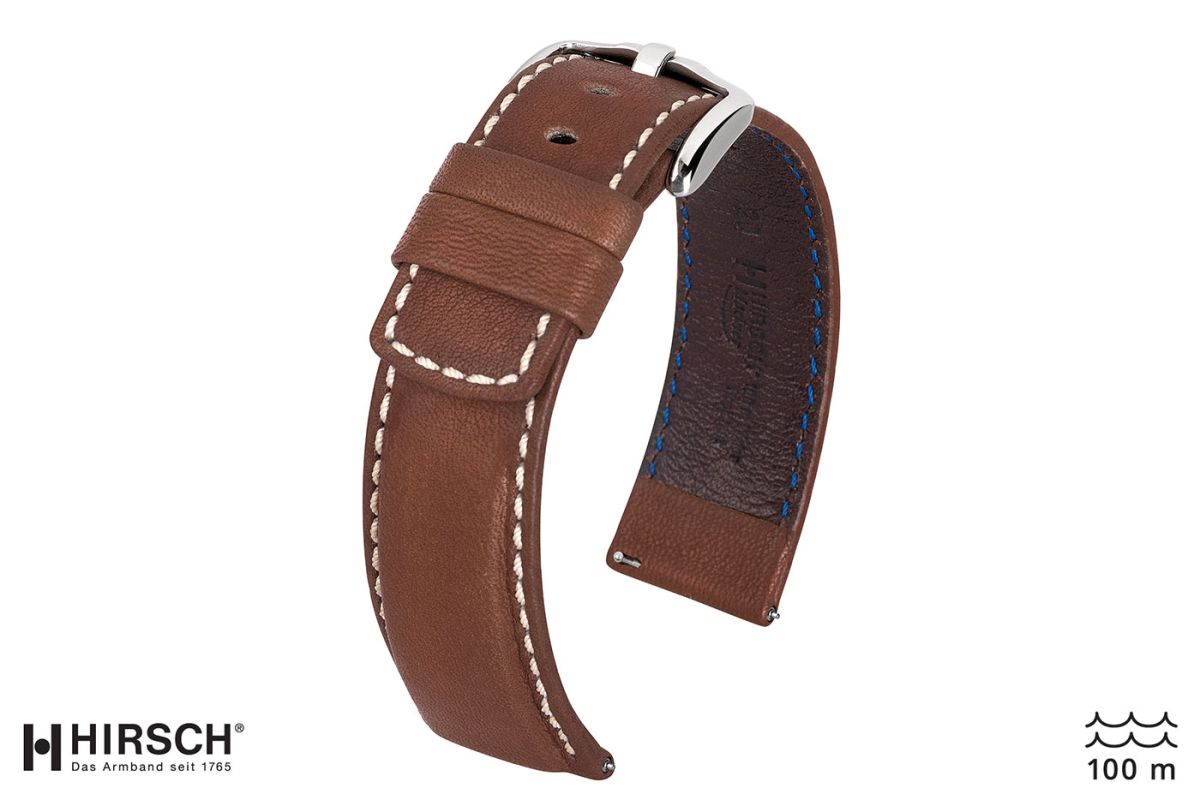 Bracelet montre HIRSCH Mariner cuir Marron couture Blanche (étanche)