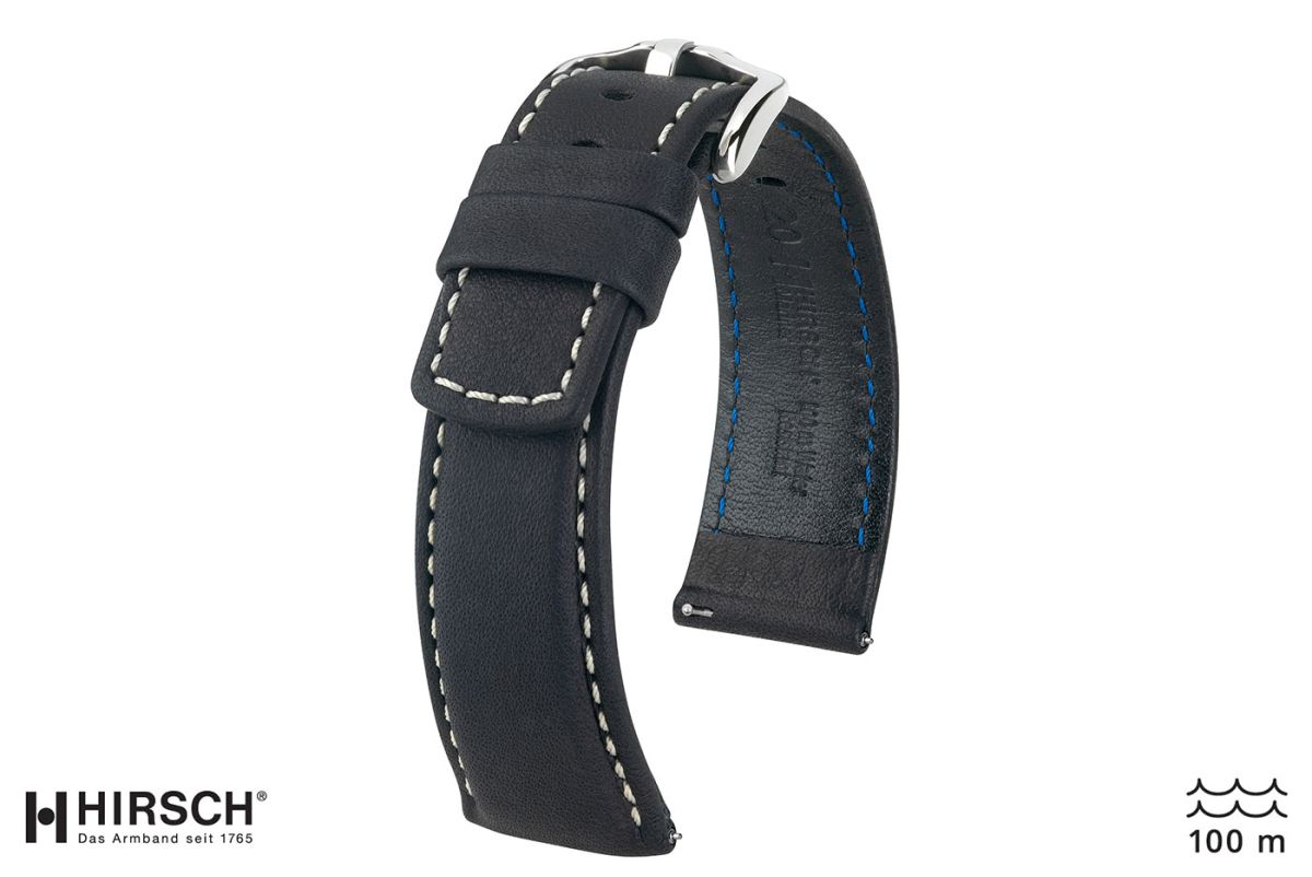 Bracelet montre HIRSCH Mariner cuir Noir couture Blanche (étanche)