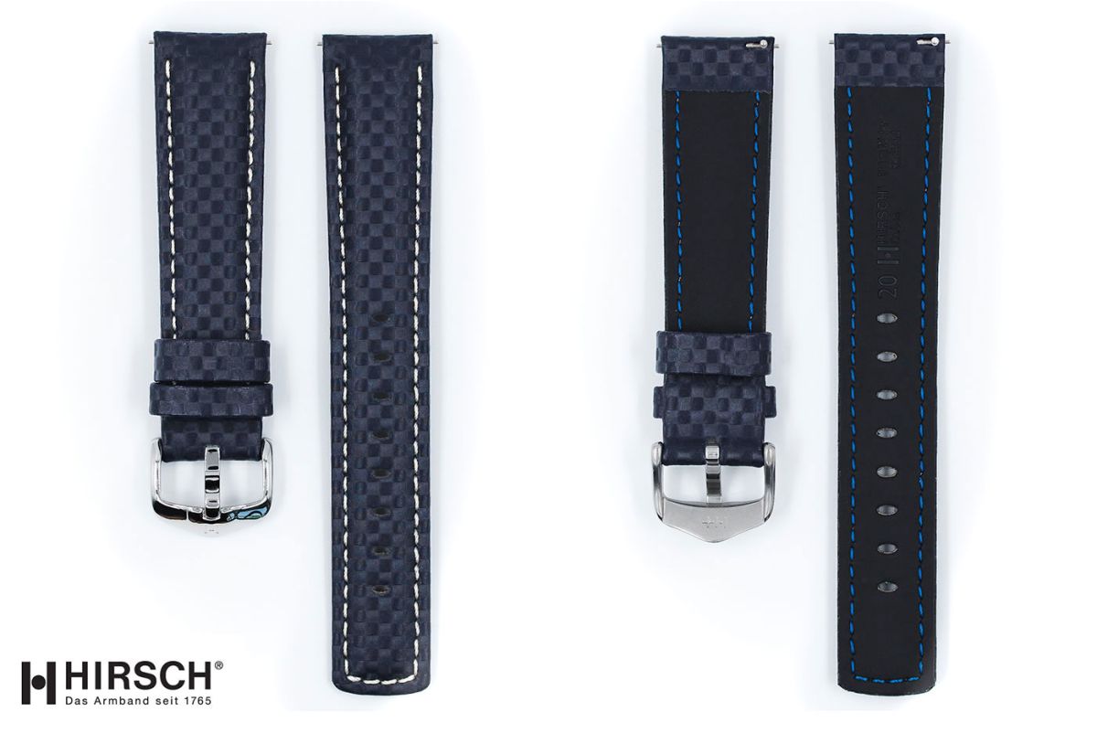 Bracelet montre HIRSCH Carbon, cuir Bleu couture Blanche (étanche)