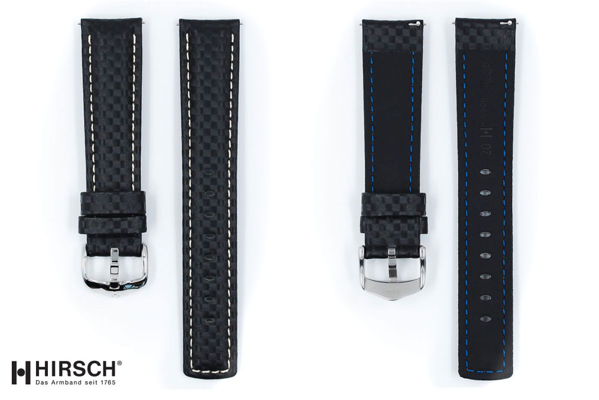 Black White topstitching Carbon HIRSCH watch bracelet (waterproof)