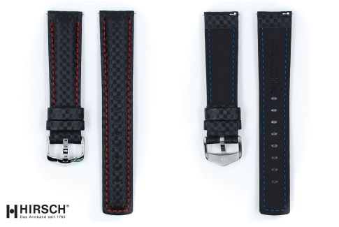 Bracelet montre HIRSCH Carbon, cuir Noir couture Rouge (étanche)