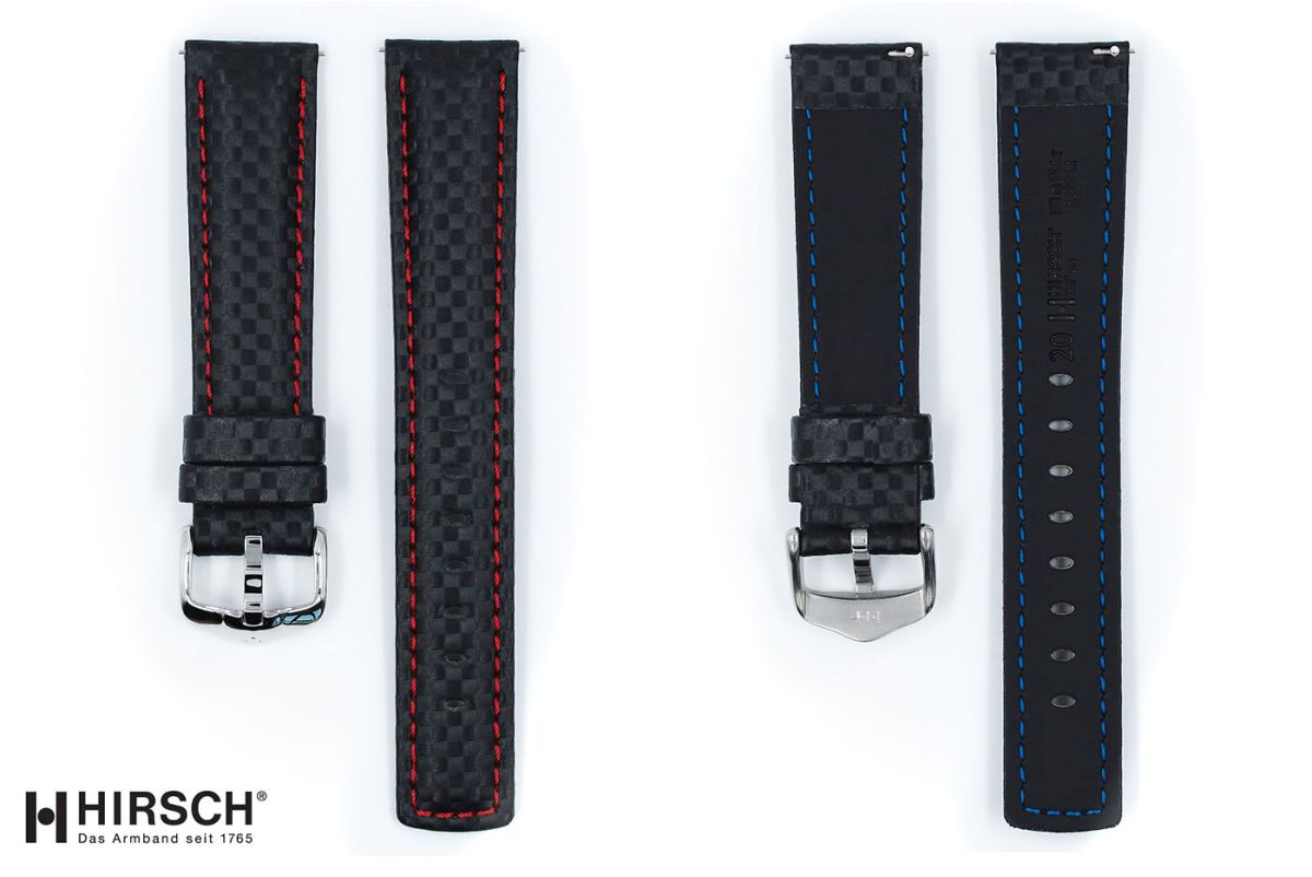 Black Red topstitching Carbon HIRSCH watch bracelet (waterproof)