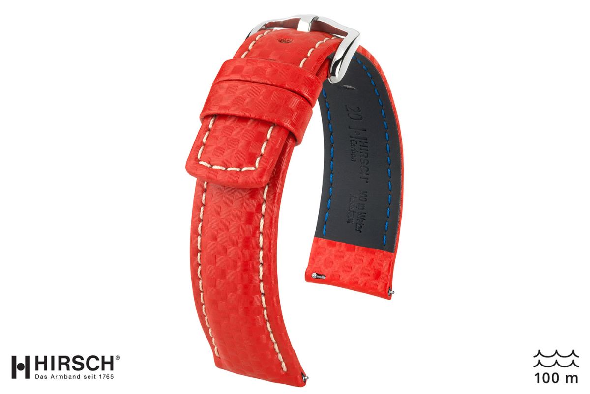 Red White topstitching Carbon HIRSCH watch bracelet (waterproof)