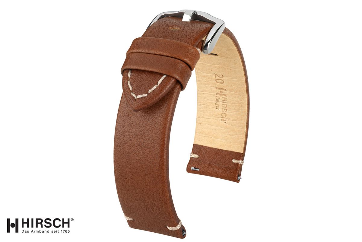 Bracelet montre cuir HIRSCH Ranger marron or, style vintage (coutures minimales)