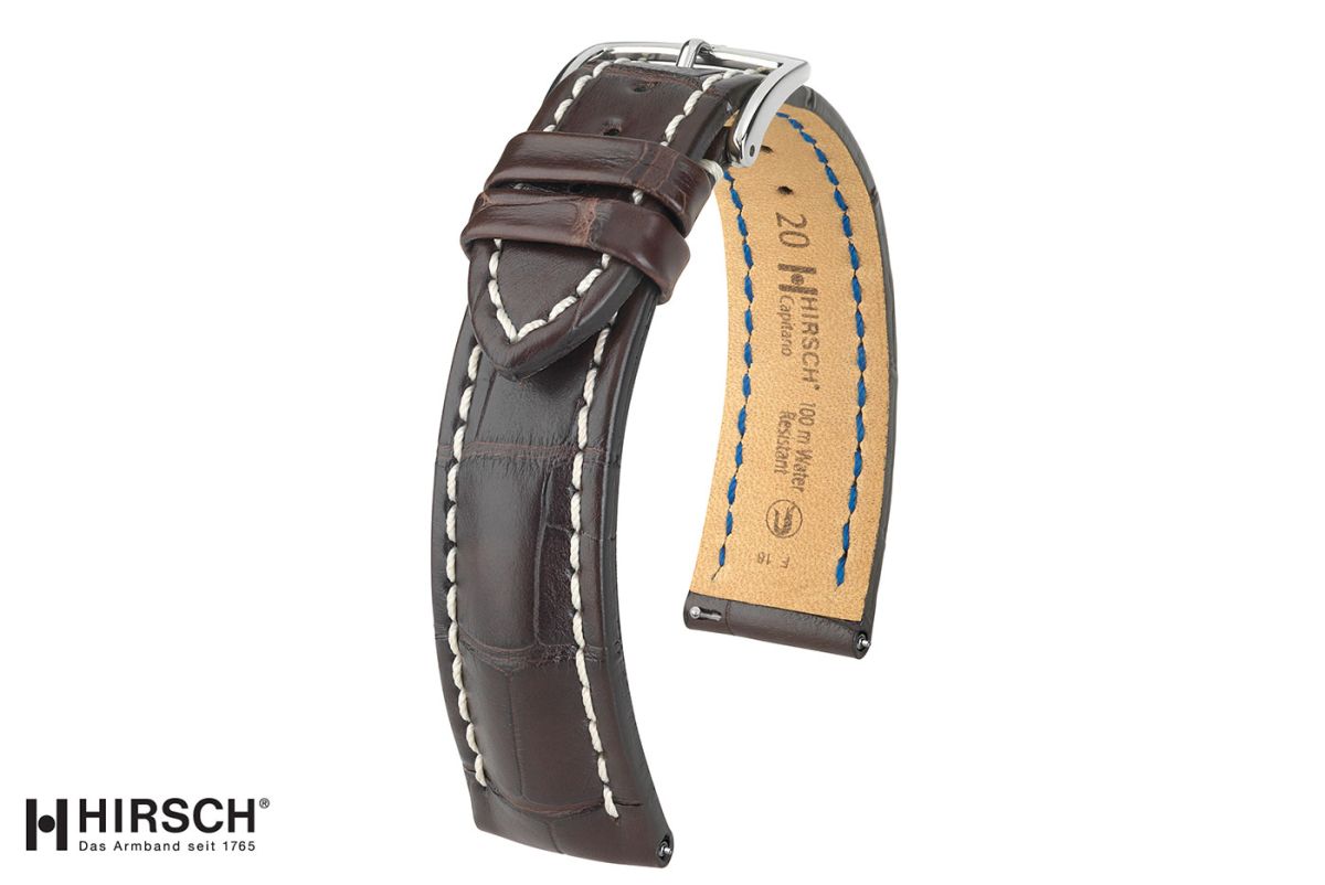 Bracelet montre HIRSCH Capitano en Alligator de Louisiane Marron, beau bombé racé