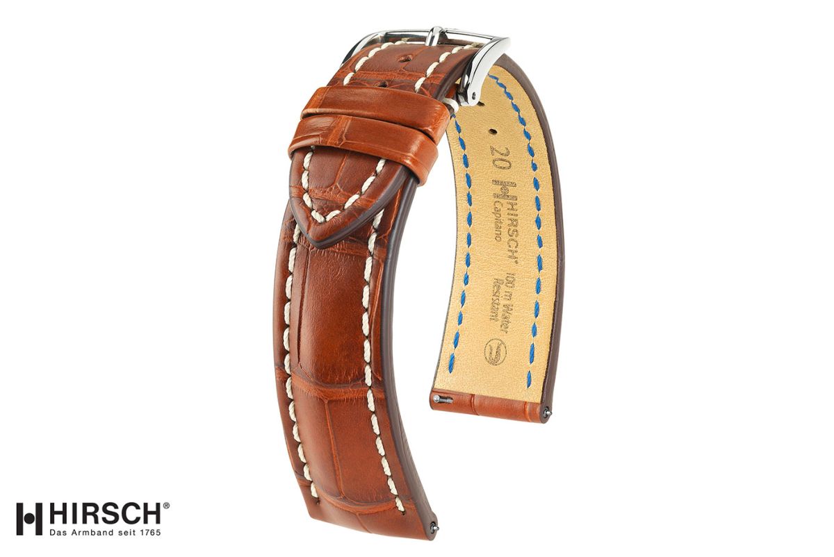 Bracelet montre HIRSCH Capitano en Alligator de Louisiane Marron Or, beau bombé racé